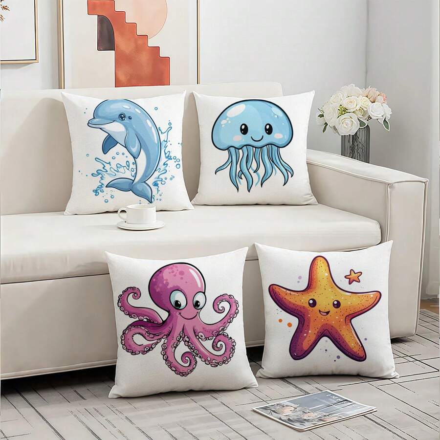 Starfish, Dolphin, Octopus, Jellyfish, Cute Cartoon Marine Life Series Printed Pillowcases, Suitable For Living Room Sofas, Bedroom Sofas, Beds, Car Decorative Cushion Covers [Single-Sided Printing] [Without Pillow Core]