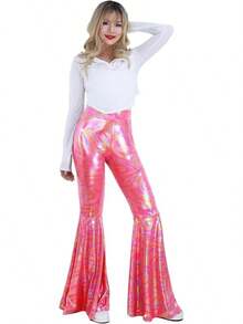 Womens Sequin Flare Pant Sparkly High Waisted Leg Bell Bottom Glitter Trousers Night Out Clubwear - Hồng - Xem 3