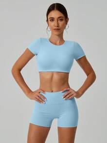 NcmRyu Women's Sexy Yoga Sports Fitness Running Training Outdoor Suit Set - 淺藍色 - 查看 6