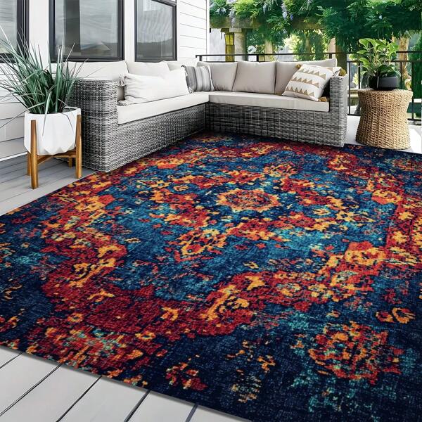 1pc Luxurious Bohemian Style Light-Colored Rug, Vintage Distressed Rectangular Soft Non-Slip Outdoor Carpet For Patio, Garden, Camping, Picnic, Living Room, Bedroom, Game Room, Entryway, Machine Washable All Season Large Size Mat, Gardening Decor