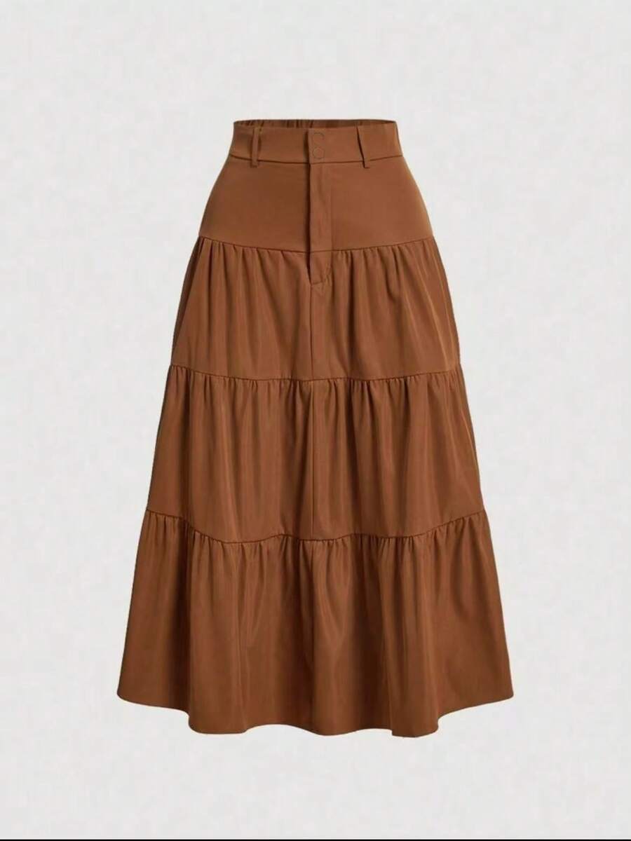 Liuhan Modas Sordaeminina Colored High Waist Ata Skirt With Pleated Three Maria - Coffee Brown - View 1