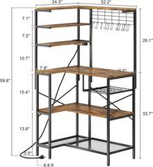 L-Shaped Bakers Rack With Power Outlet, 6-Tier Microwave Stand With Open Storage, Coffee Bar With Hooks, Mesh Grid, Kitchen Shelf With Wire Basket, Rustic Brown And Black - Brown - View 5