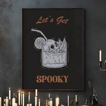 1 pieza Impresión en lienzo de un esqueleto con un Martini, Decoración sin marco para barra de Halloween, Arte de pared elegante de Halloween, Impresión de pared de cóctel de la temporada espeluznante