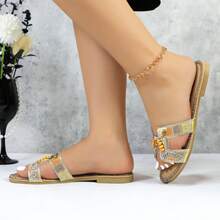 lunryet Women's Glitter Shiny Slide Sandals Slip-On Flat Slippers HONEY-133 - 金色 - 查看 5