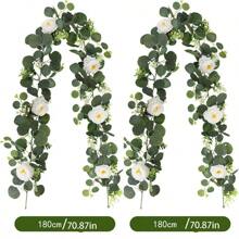 ٱكليل إكليليات إصطناعي 70 بوصة / 5.9 قدم مع وردة بيضاء من الرغوة، إكليل خضرة زهور مزيفة للأعياد والأم والرومنسية والحفلات والديكور المنزلي (أبيض)