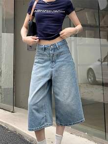 Quần lửng denim màu xanh nhạt, ống rộng, kiểu Mỹ, thích hợp cho mùa hè. - Màu xanh nhạt - Xem 5