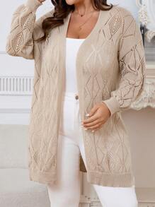Casual Long Sleeve Solid Pointelle Knitted Cardigan - Button Front - Women's Clothing