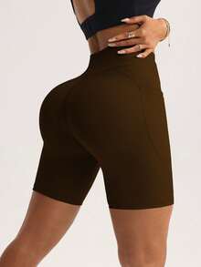 FWH Quần short thể thao nữ co giãn thời trang, thanh lịch, thoải mái - Phong cách xuân hè, đa năng, cổ điển tối giản, ôm sát, cạp cao, thoải mái, chạy bộ, đường phố, dễ phối đồ (Có túi/Quần short yoga màu đào gợi cảm) - màu nâu - Xem 4