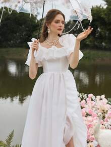 Faeriesty 女士优雅华丽方领露肩荷叶边欧根纱正式派对礼服晚礼服长裙婚礼宾客礼服、长裙、夏季度假装 - 白色 - 查看 6