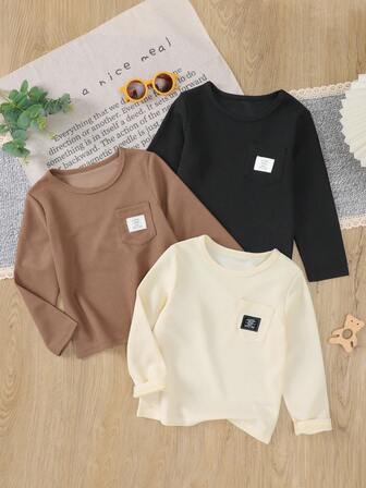 Set de 3 camisetas de manga larga para niños, de tela gruesa con diseño texturizado y bolsillos, ropa informal para niños, para primavera y otoño