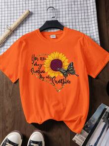 大码夏季女式字母花卉印花 T 恤 - 橘色 - 查看 1