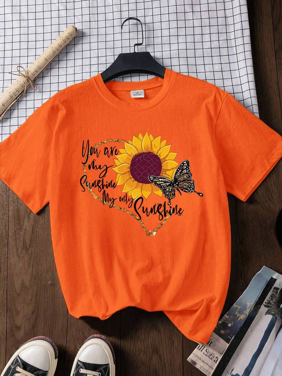 大码夏季女式字母花卉印花 T 恤 - 橘色 - 查看 1