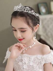 4pcs/Set Girls Kids Rhinestone Tiara Crown + Necklace + Earrings Luxury Jewelry Set, Suitable For Stage Performance, Party, Birthday, Holiday Dress Up, Fits Toddlers And Older Children