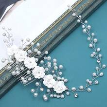 手工花卉珍珠发夹新娘头饰配饰欧美跨界风白玫瑰发饰 - 銀色 - 查看 5