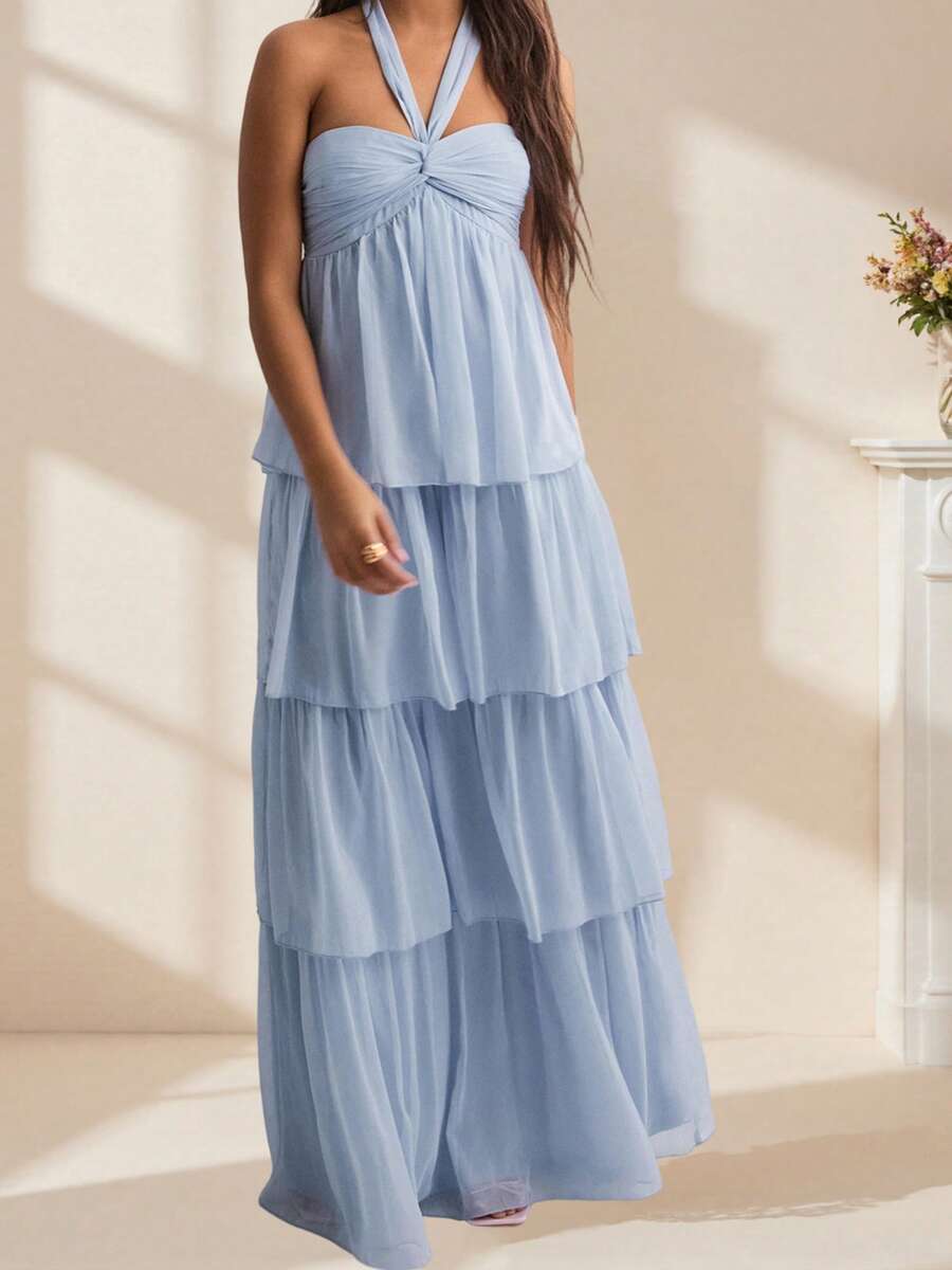 Women Elegant Off-Shoulder Sleeveless Dresses Solid Color 4 Layer Ruffle Cake Dress Party Gown - Light Blue - View 1