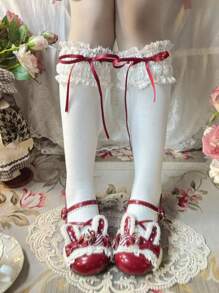 1 par de medias altas hasta la rodilla con lazo de cinta largo y adorno de encaje, estilo japonés Lolita para mujeres