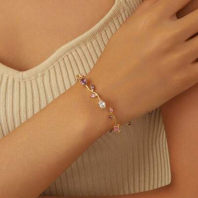  1pc High Quality Shiny Zirconia Tennis Bracelet, Unique Floral & Leaf Design, Available In Pink, Green, Blue, White, Sapphire Blue, Multicolor, Elegant Daily/Festive Accessory, Bridal Jewelry, Summer Holiday Essential, Exudes Graceful Charm, Ideal Gift For Mother's Day, Valentine's Day, Anniversary, Perfect For Loved Ones