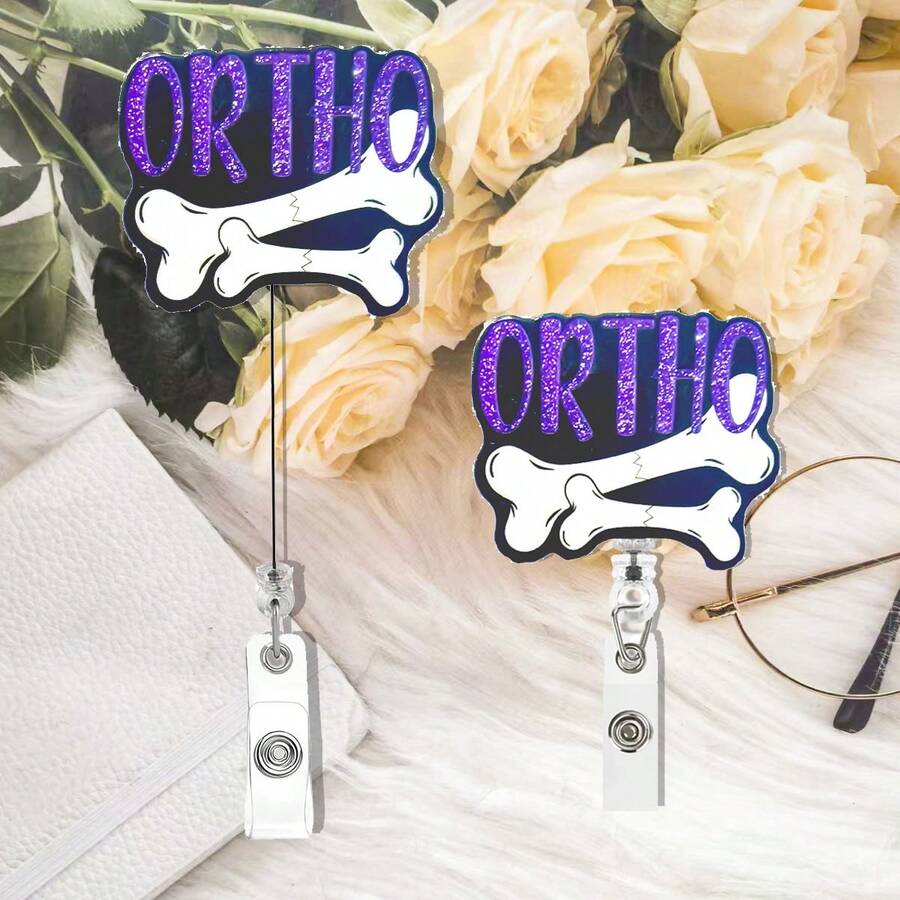 1 件定制 ORTHO 紫色骨折标志徽章夹、护士证件夹、带伸缩徽章卷轴的骨科标志 ID 徽章，适用于急诊室注册护士、医生、实习医生和助理、学校用品、返校 - 彩色 - 查看 1