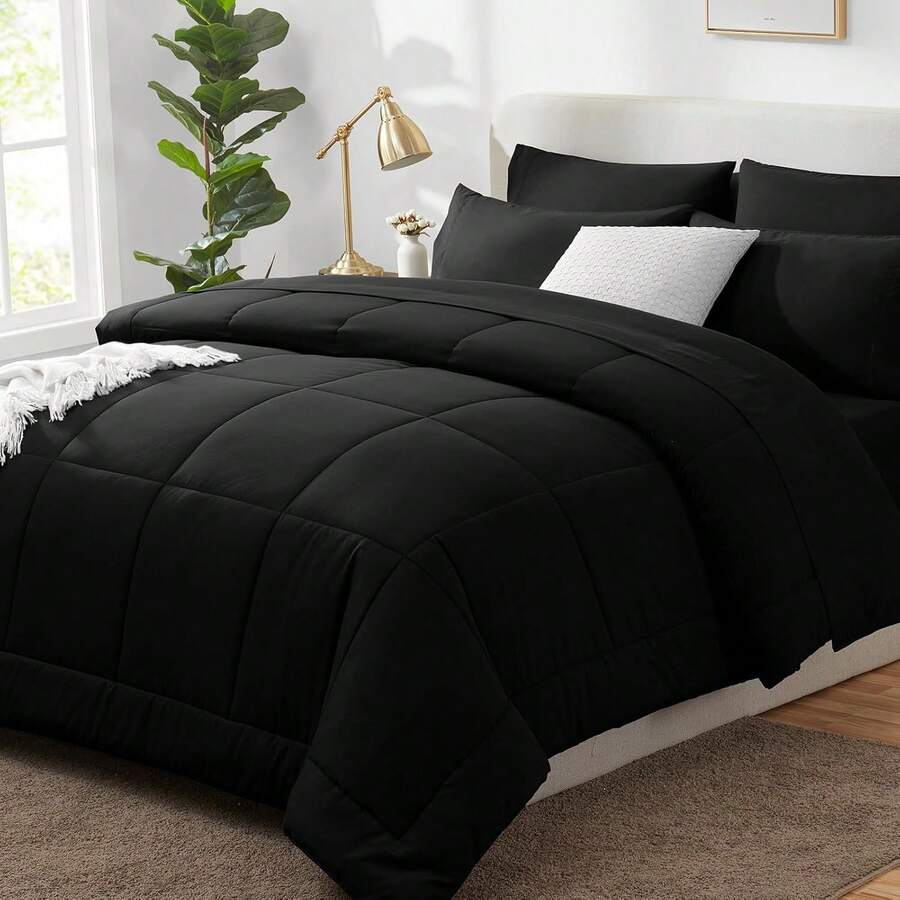 Twin Comforter Set Black 5 Pieces Bed In A Bag Set Black For Teen Boys And Girls Bed Set Kids Twin With All Season Bedding Quilted Comforter, Flat Sheet, Fitted Sheet, Pillowcases - 黑與白 - 查看 1