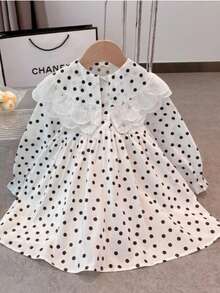 Girls Ruffle Peter Pan Collar Polka Dot Print Long Sleeve Casual Dress, Suitable For Daily Wear, Vacation, Travel, Outing, School, Autumn