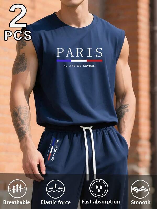 طقم بتصميم بنطلون فضفاض وتي شيرت بلا أكمام 2 حبة للرجال - ملائمة بطباعة "باريس" بخامة ممتازة ، قطن مفضف للحياكة ، ثوب خارجي لياقة بدنية ، أزياء عصرية ، دعم لل جم ، عطلة ، شاطئ ، رياضة ، منزل ، جري ، أنماط حضرية ، مجموعة ملابس متناسقة ، سترات بلا أكمام للرجال ، بنطلون فضفاض للرجال ، بنطلون خصر مطاطي ، ملابس صيفية للرجال ، هدايا للزوج ، الحبيب ، الأب ، الابن