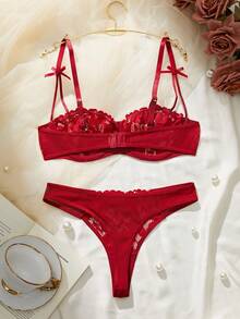Valentine's Day Burgundy Floral Lace Underwire Lingerie Set – Women's Sexy & Supportive 2-Piece Lingerie - 紅色 - 查看 3