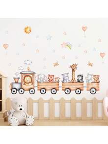 丛林动物火车儿童房墙贴 - 狮子、大象和老虎的卡通冒险 | 可移除育儿室贴纸，适用于游戏室和卧室的教育性剥离和粘贴装饰 - 彩色 - 查看 1