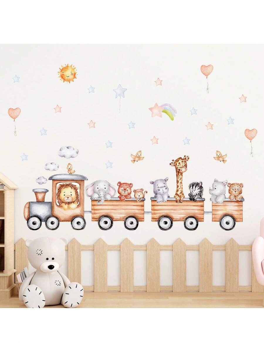 丛林动物火车儿童房墙贴 - 狮子、大象和老虎的卡通冒险 | 可移除育儿室贴纸，适用于游戏室和卧室的教育性剥离和粘贴装饰 - 彩色 - 查看 1