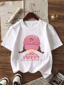 1 pieza Camiseta informal de manga corta y cuello redondo estampada para niñas, prenda de vestir juvenil de verano - Camiseta con estilo de letra en inglés minimalista que inspira la imaginación y la autoexpresión