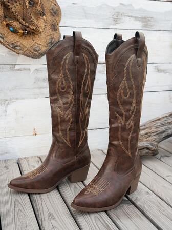 2025秋冬刺绣纯色防滑马靴，新款一脚蹬式外套女靴，时尚舒适百搭靴子，休闲西部风牛仔靴