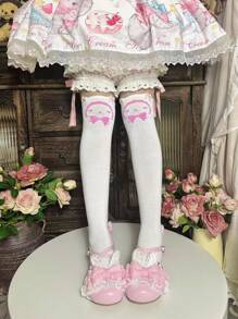 1 par de calcetines de estilo japonés blancos hasta la rodilla con diseño de conejito rosado, lindos y dulces, para mujer