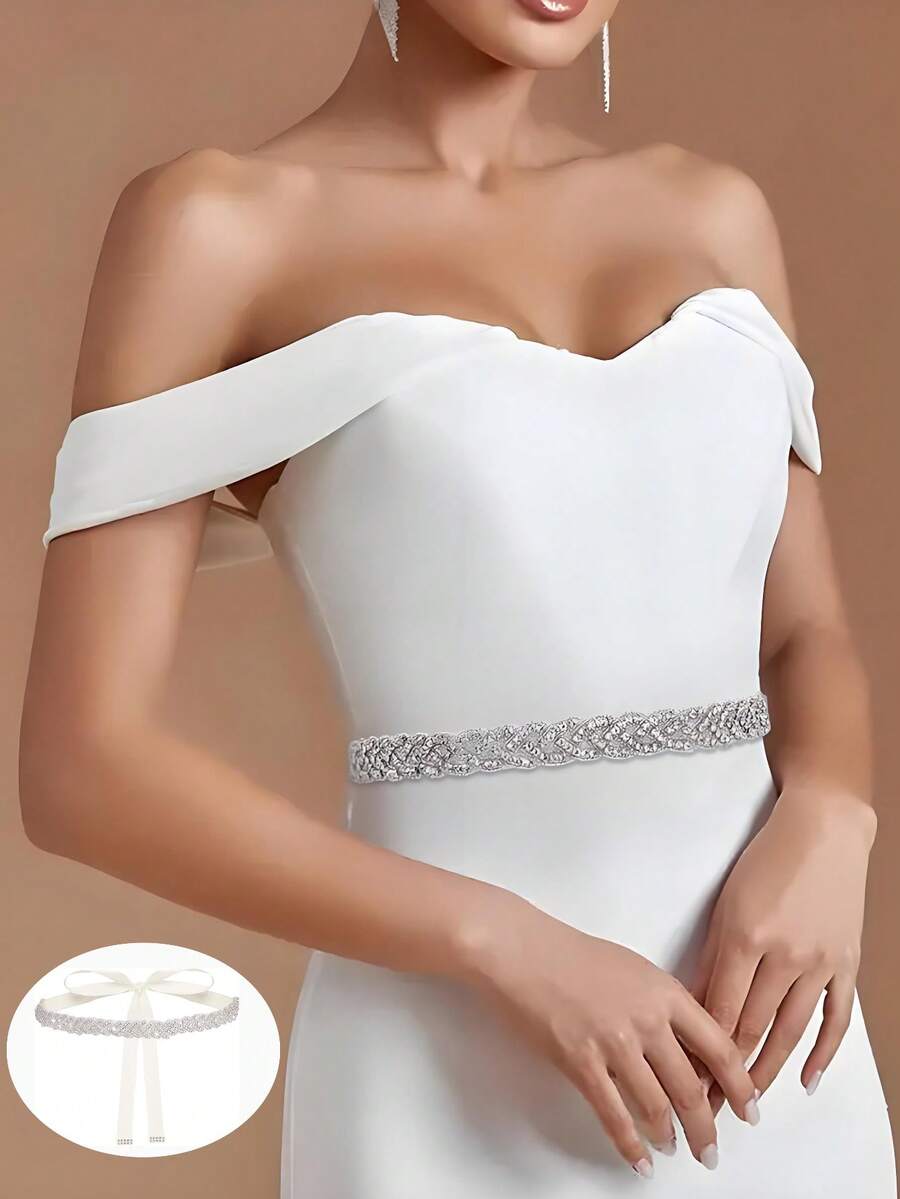 1pc Classic Heavyweight Rhinestone Champagne Satin Bridal Wedding Waist Belt Valentine's Day Accessories - Silver - View 1