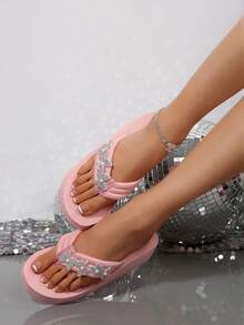 Women's Summer New Slip-Resistant Thick Sole Pink Beach Slippers, Wedge High Heel Flip-Flops, Suitable For Outdoor, Indoor, Beach, Wedding, Vacation - Rhinestone Butterfly - View 3