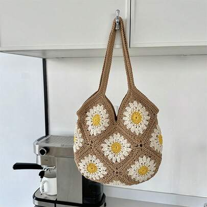 Women Large Capacity Tote  Handwoven Crochet Floral Beach Shoulder Bag Handbag For Travel Daily Shopping