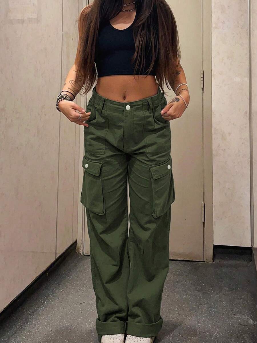 Pantalones casuales rectos y sueltos de mujer con bolsillos cargo de unicolor - Verde militar - Ver 1