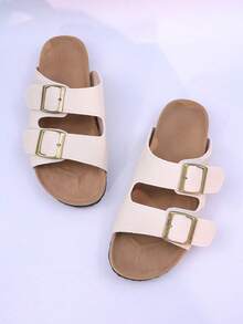1 Pair Unisex Teenagers/Couples Metal Buckle Comfortable Flat Open Toe Sandals, Fashionable For Daily Wear - Beige - View 7