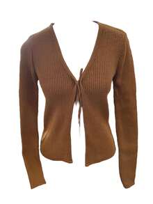 Short Cardigan With Ribbed Knit Front Tie - 肉桂 - 查看 2