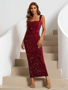 Missord 亮片方领无袖连衣裙，适合圣诞节、新年、情人节穿着。 - 紅色 - 查看 1