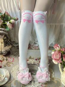 1 par de calcetines de estilo japonés blancos hasta la rodilla con diseño de conejito rosado, lindos y dulces, para mujer