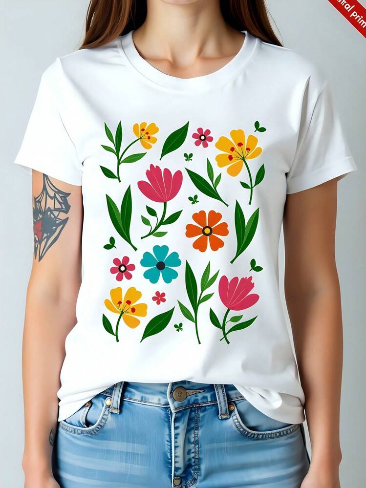 Camiseta blanca 180g de algodón para mujer, cuello redondo y manga corta, estampado floral de colores vivos, ideal para primavera y verano, cómoda y ligera, estilo casual moderno, perfecta para combinar con jeans o pantalones cortos, complemento de moda indispensable. - Blanco - Añade 1