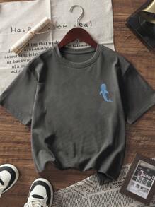 1pc Tween Girls Dolphin & Tropical Print Dark Grey Short Sleeve T-Shirt, Student Young Casual Summer Top, Comfortable & Fashionable