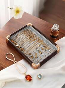 1 Pieza, Caja de almacenamiento de anillos con bordes redondeados con borde dorado, color gris, bandeja de exhibición, caja de almacenamiento de joyas, gran capacidad, madera maciza de alta calidad, para aretes, pendientes, joyería pequeña, joyería, gran capacidad, bandeja de exhibición, caja de exhibición de joyas de madera maciza, adecuada para anillos, aretes, etc., estilo retro, es una opción de regalo para mujeres, regalo del Día de la Madre, regalo para amigos, regalo para novia, regalo para familiares, regalo para maestros, regalo para colegas