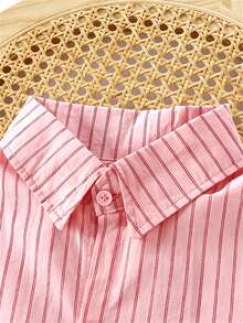 Young Boy Delicate Embroidery + Fresh Striped! Casual Spring & Autumn Polo Shirt, Suitable For Daily Outings And School, Simple Yet Chic - Pink - View 4