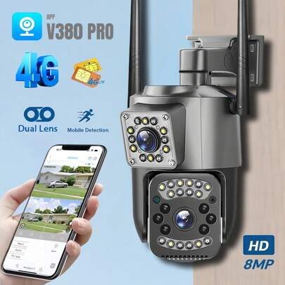 SWVW Kamera IP 4K 8MP z 10-krotnym zoomem, podwójnym obiektywem, 4G, noktowizorem, sztuczną inteligencją, wykrywaniem człowieka, PTZ, zewnętrzna kamera wideo, bezprzewodowa kamera V380 Pro CCTV, obsługuje kartę SIM 4G i połączenie RJ-45, zewnętrzna i wewnętrzna kamera bezpieczeństwa 4G