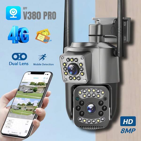 SWVW 4K 8MP 10X Zoom Dual Lens 4G IP Camera Night Vision Ai Human Detect PTZ Outdoor Video Camara Wireless V380 Pro CCTV Security Protection,Supports 4G Sim Card And RJ-45 Connection,4G Outdoor And Indoor Security Home Camera