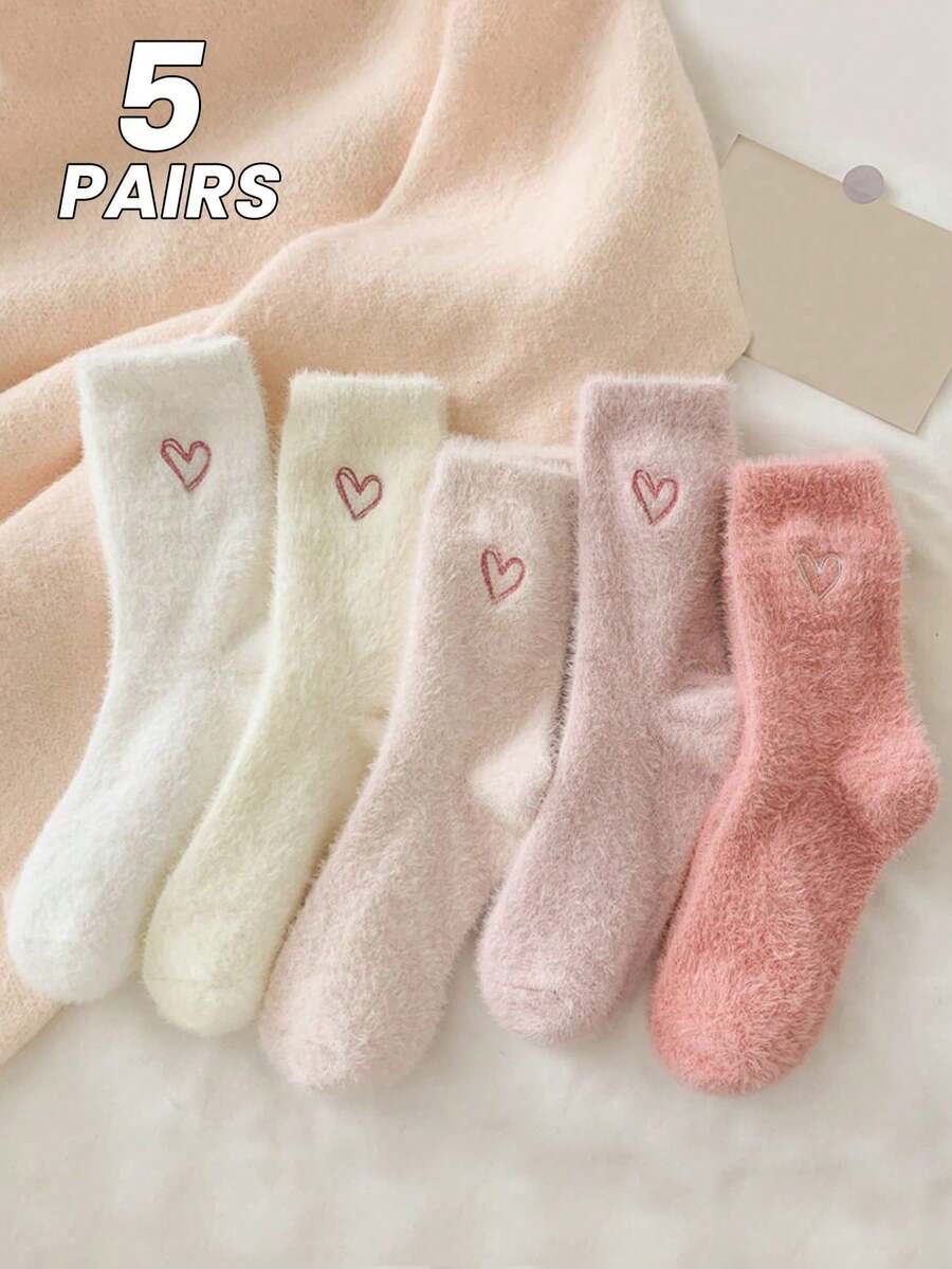 5 Pairs/Pack Women's Spring, Autumn And Winter Thickened Warm Fuzzy Cute Solid Color Love Pattern Mink Velvet Confinement Socks Simple Solid Color Mid-Calf Socks(Random Delivery) - Multicolor - View 1