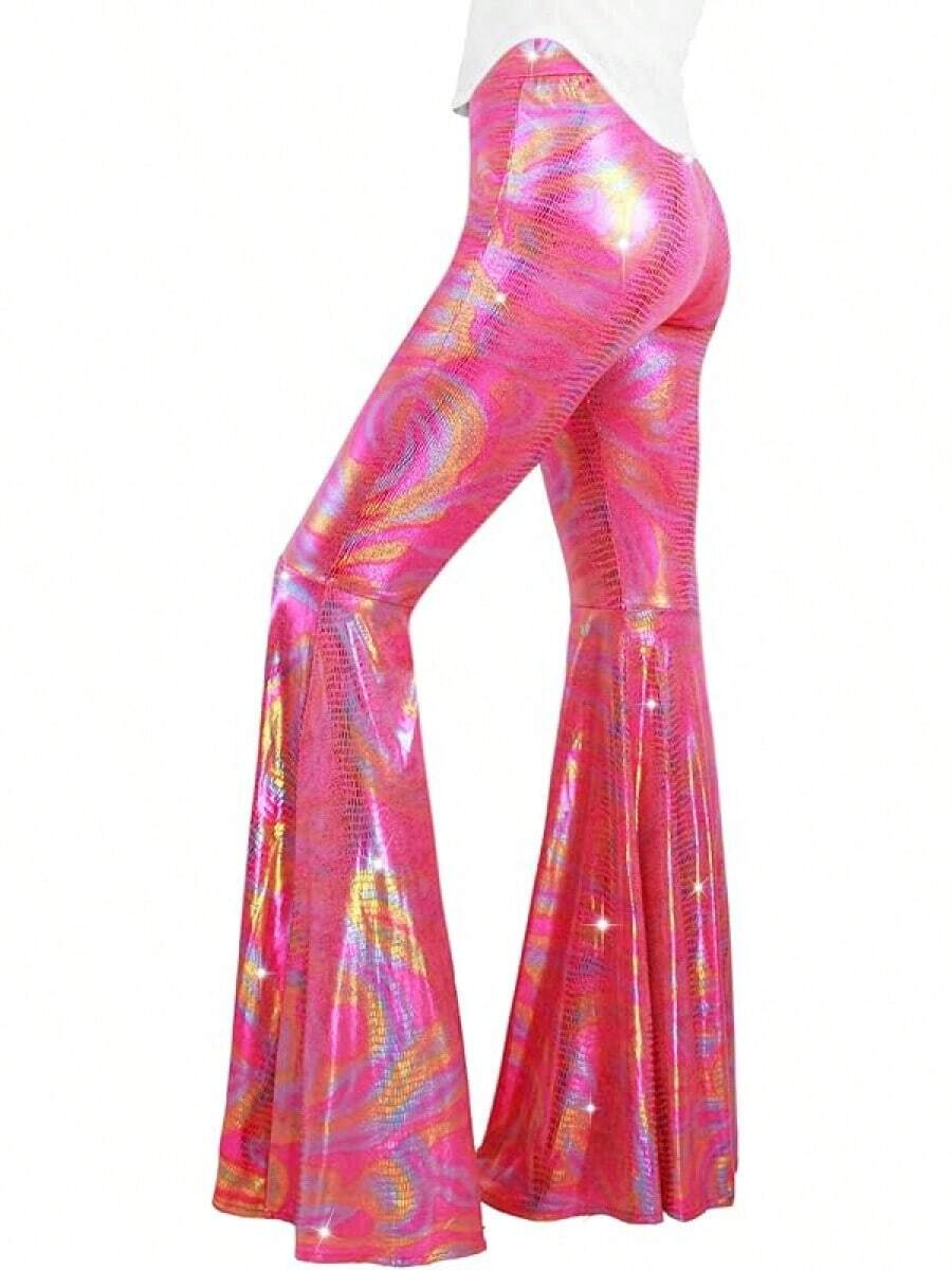 Womens Sequin Flare Pant Sparkly High Waisted Leg Bell Bottom Glitter Trousers Night Out Clubwear - Hồng - Xem 1
