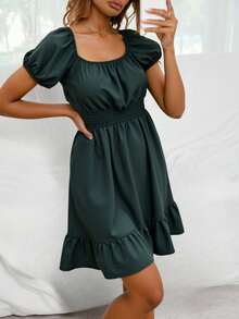 Vestido casual verano manga abullonadas cintura entallada - Negro - Ver 2