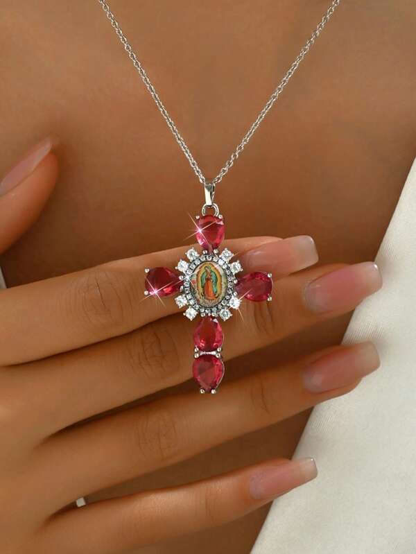 Exquisite Catholic Virgin Mary Guadalupe Icon Red Ruby Cross Religious Amulet Ave Maria Rose Cross Pendant Necklace - Unisex Elaborate CZ Religious Amulet Jewelry