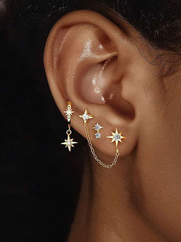 1 pieza Pendiente de plata sterling S925 con diseño de estrella de ocho puntas de circonita cúbica simple, pendiente de moda y versátil adecuado para uso diario de las damas, para madres, novias, regalos del Día de la Madre y San Valentín